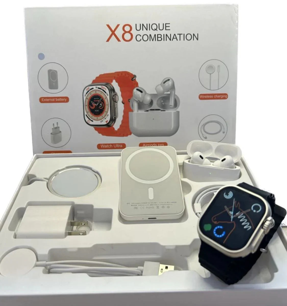 COMBO SMART X8 PRO – CONECTADO TODO EL DÍA (RELOJ + AUDÍFONOS + CARGADOR PORTÁTIL)