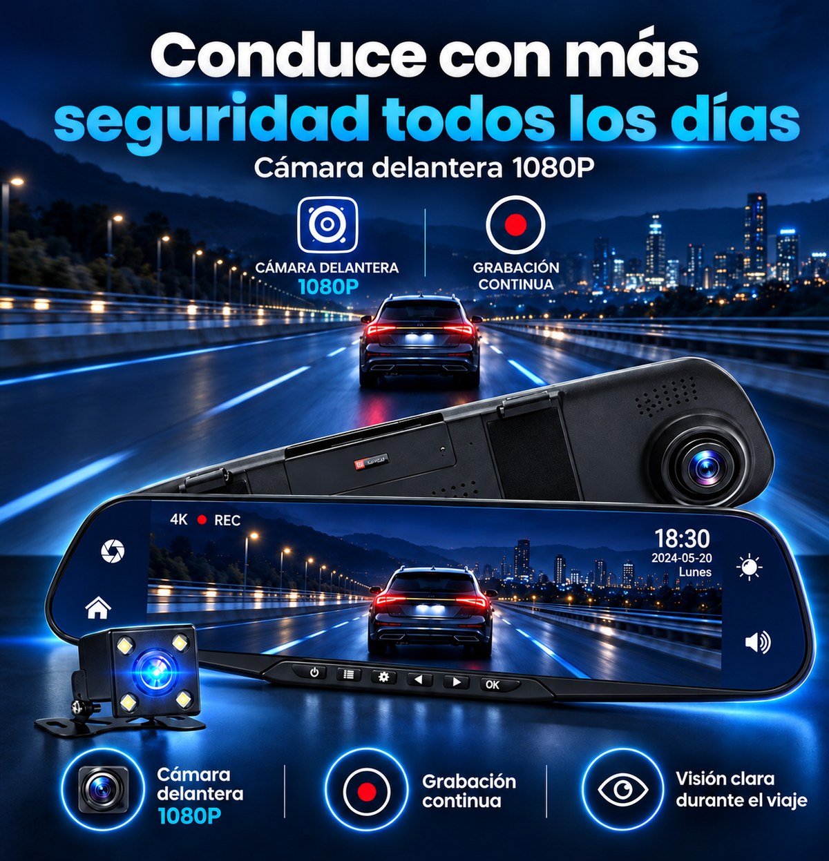 AutoView Pro™ Espejo Retrovisor Inteligente con Cámara Delantera